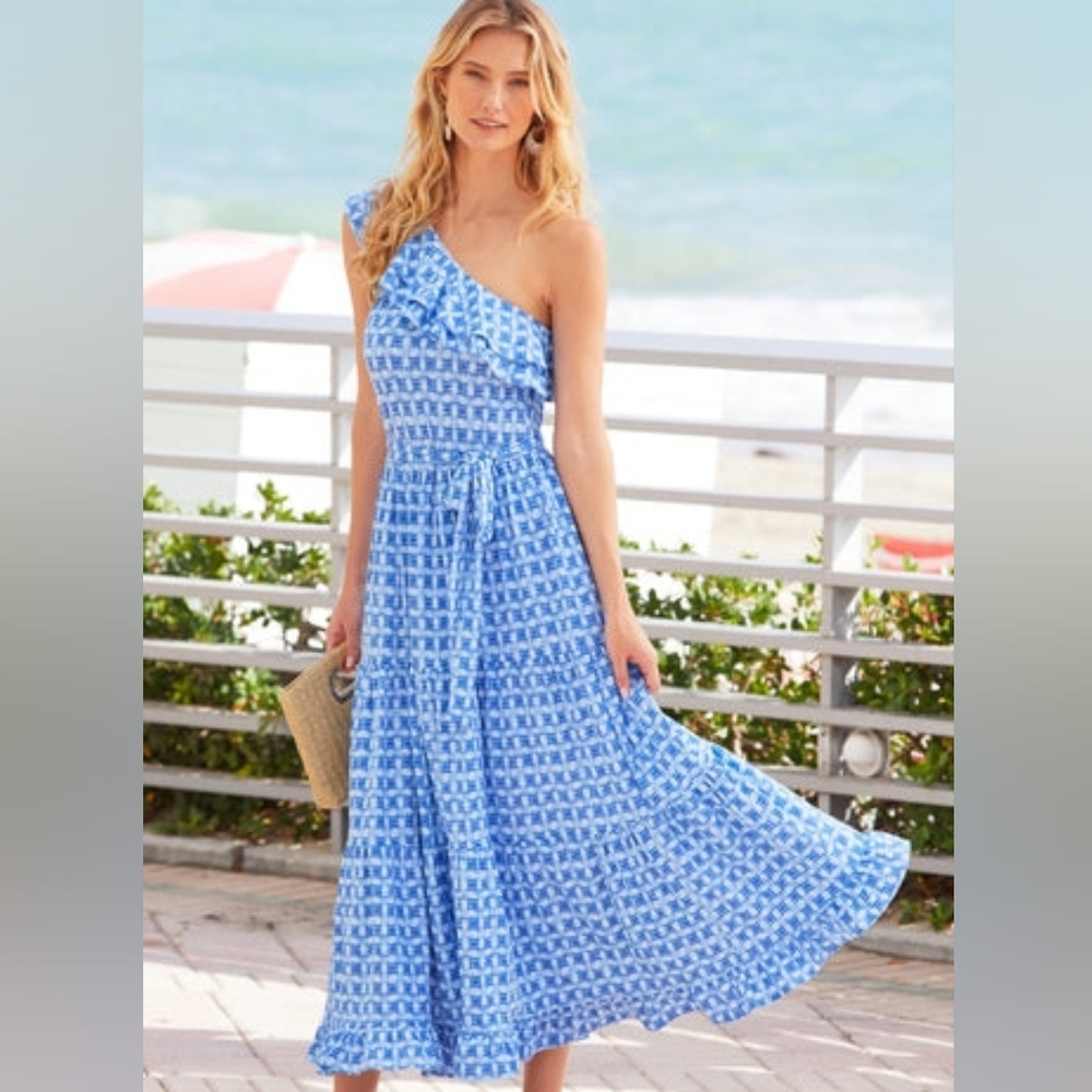 CABANA LIFE Blue One Shoulder Waist Tie Ruffle Tier Maxi Dress UPF 50+ Size M